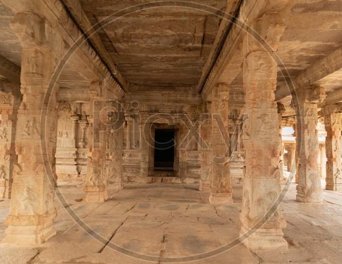 Stone Piller Showing Of Ancient Architecture Inside The Ruined Krishna Temple At Hampi, India