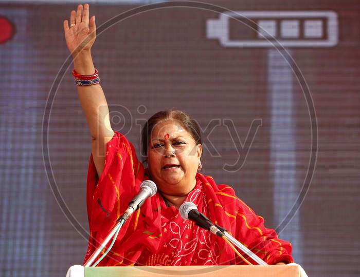 Vasundhara Raje, Former Chief Minister Of Rajasthan State And current National Vice President of Bhartiya Janta Party (BJP) addressing in a public event before General Elections in Rajasthan, Bhilwara, December, 2018.