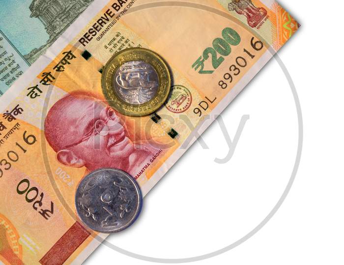 New Indian 50 And 10 Rupees With 10 Rupees Coin On White Isolated Background.
