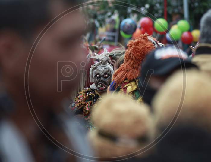 Indonesian ghost mask commonly called Pocong in a cultural carnival
