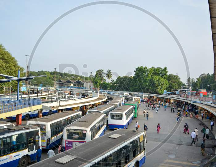 Stack Of Buses In The Kempegowda Bus Station Known As Majestic During Morning.