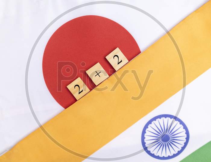 Concept Of Bilateral Relationship Between Two Countries Showing With Two Flags: India And Japan 2 Plus 2 Dialogue