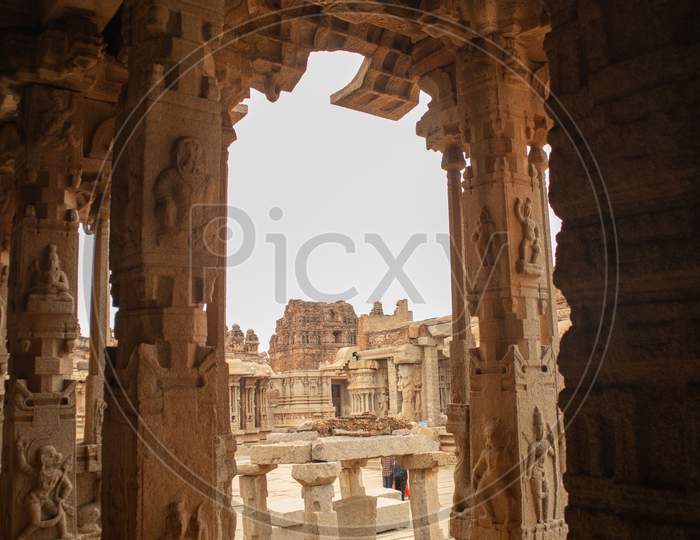 The Inner View Of Ineriors And Ceilings Of Vittala Or Vitthala Temple In Hampi, Karnataka State, India.