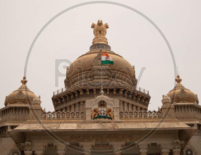 Indian Flag Waving On The Dome Of Vidhana Soudha At Bangaluru, India