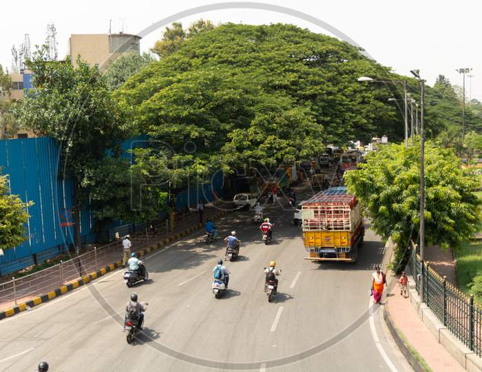 Bangalore, Karnataka India-June 04 2019 :Aerial View Of Bengaluru City Traffic Near Town Hall, Bengaluru, India.
