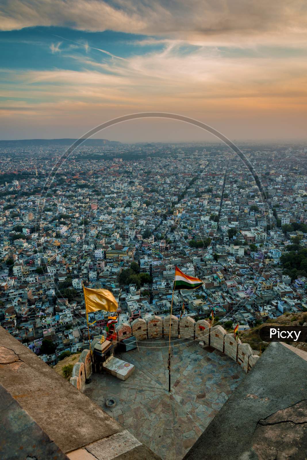 Pink City Or Jaipur City View From Nahargarh Fort, A Spectacular View From Above, Straight Line Of Jaipur Road From Above