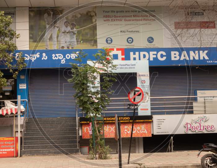 Bengaluru, India June 27,2019 : Front View Building Of Closed Hdfc Bank At Bangalore