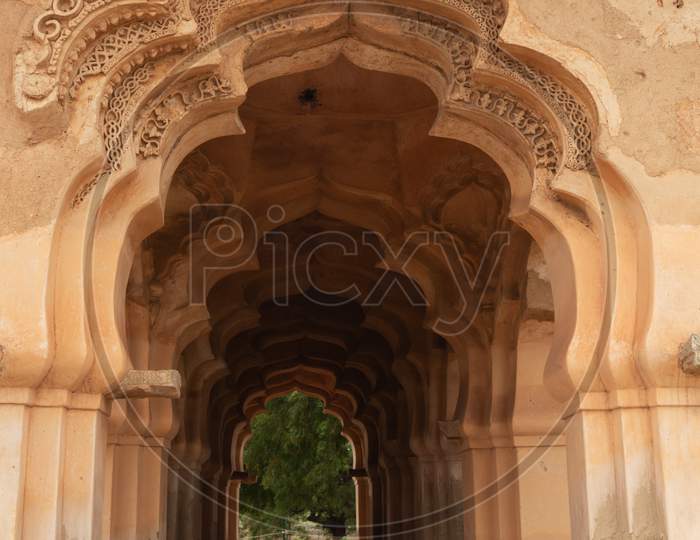Beautiful Carved Stone Architecture Of Lotus Mahal In Hampi, Karnataka, India.