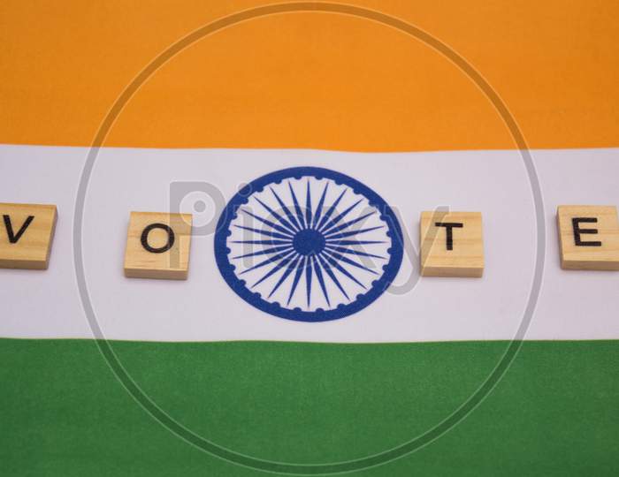 Indian Election, Wooden Letters On Indian Flag Showing Of Voting Concept