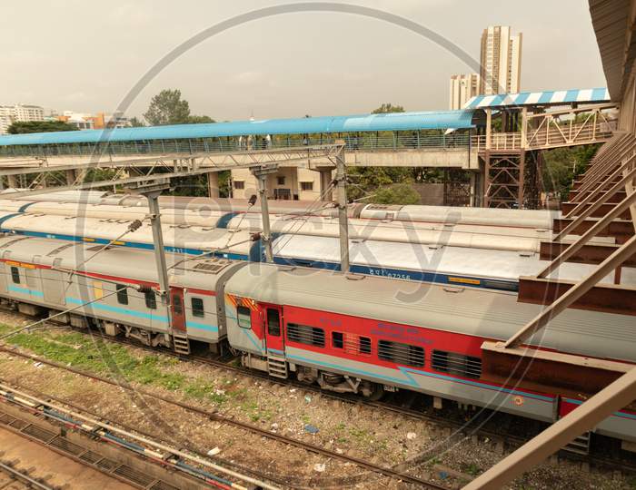 Aerial View Of Stack Of Trains Standing At Railway Track At Railway Station Bengaluru