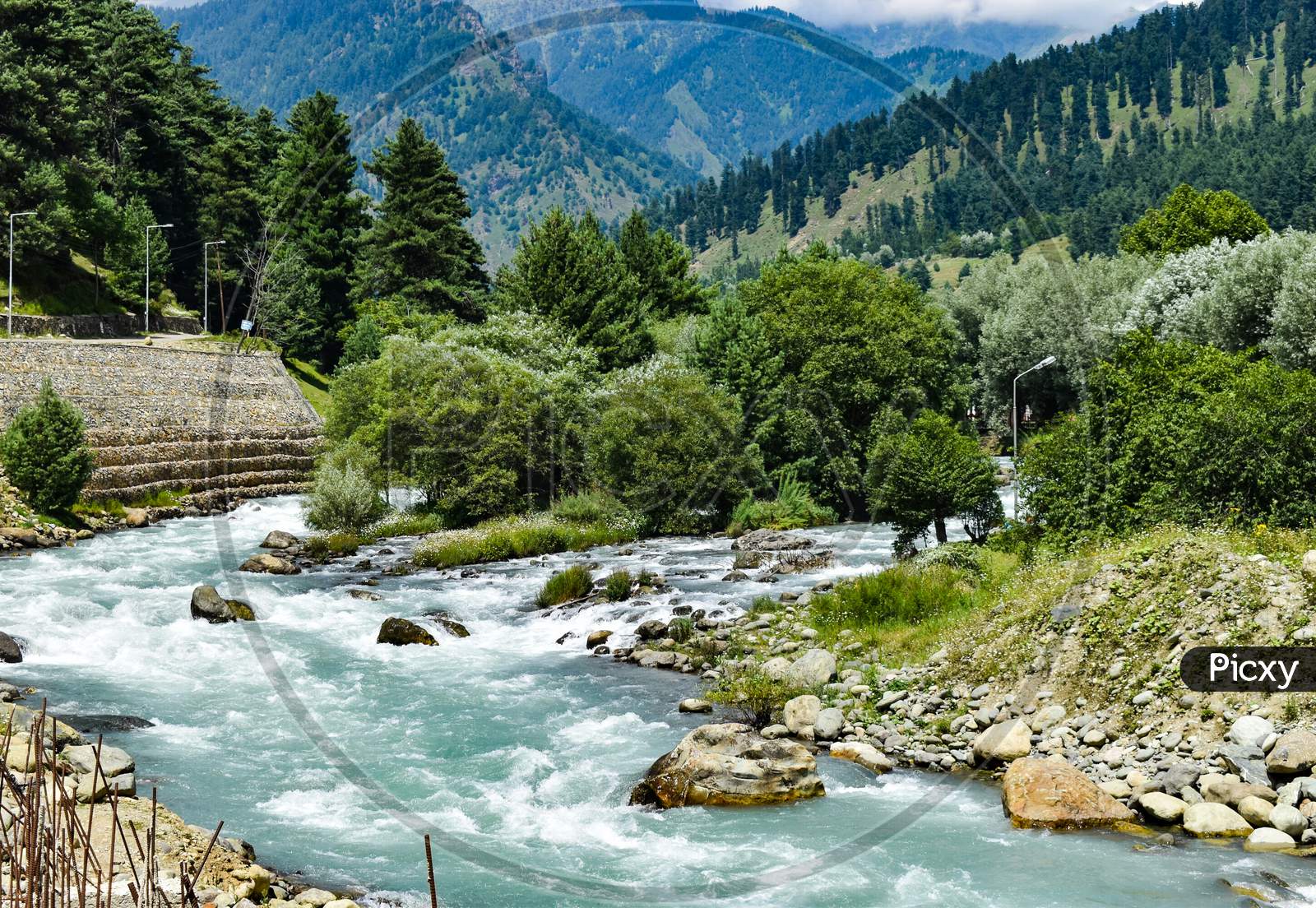 A View Of Lidder River At Pahalgam Kashmir India.