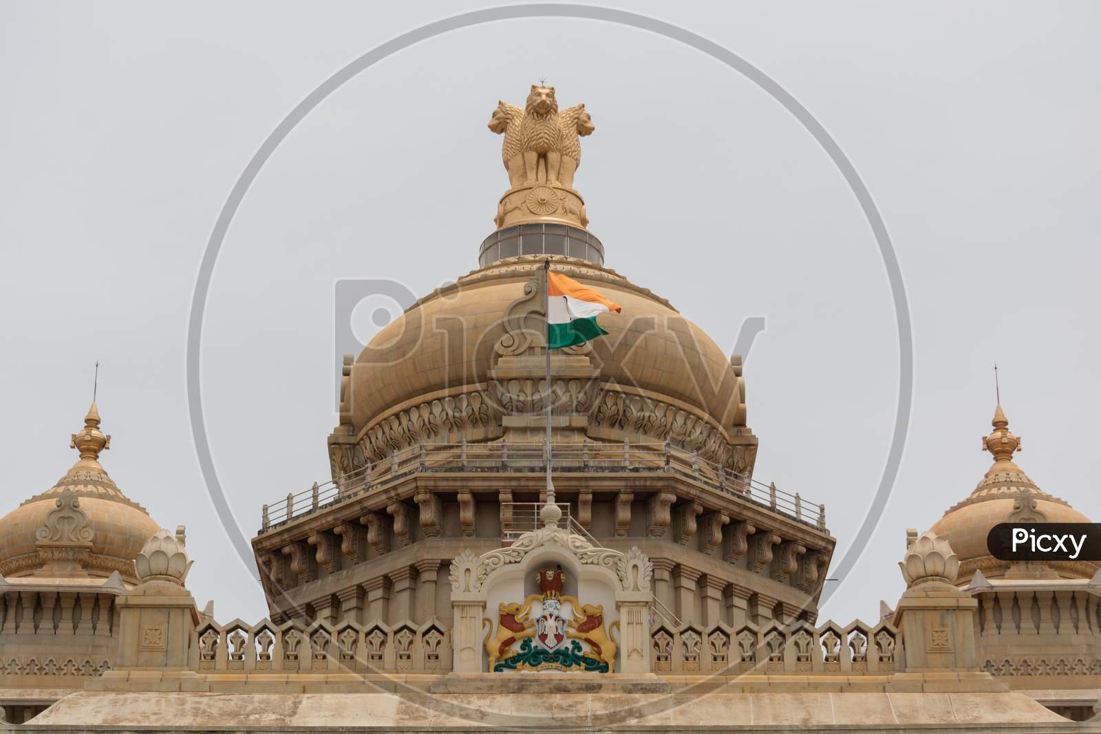 Closeup Of Indian Flag Waving On The Dome Of Vidhana Soudha At Bangaluru, India