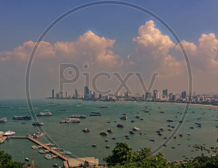 Pattaya,Thailand - October 22,2019:Buddha Hill This Is The View To The Coast Of Pattaya On A Cloudy Day.