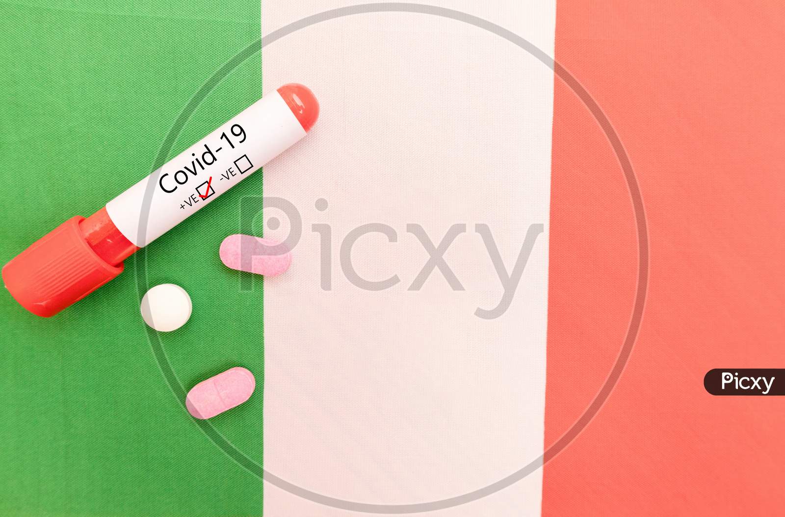 Cocept Of Novel Coronavirus Spread From China To Italy - 2019-Ncov Covid-19 Disease Positive Test At Italy Showing With Blood Sample And Flag.