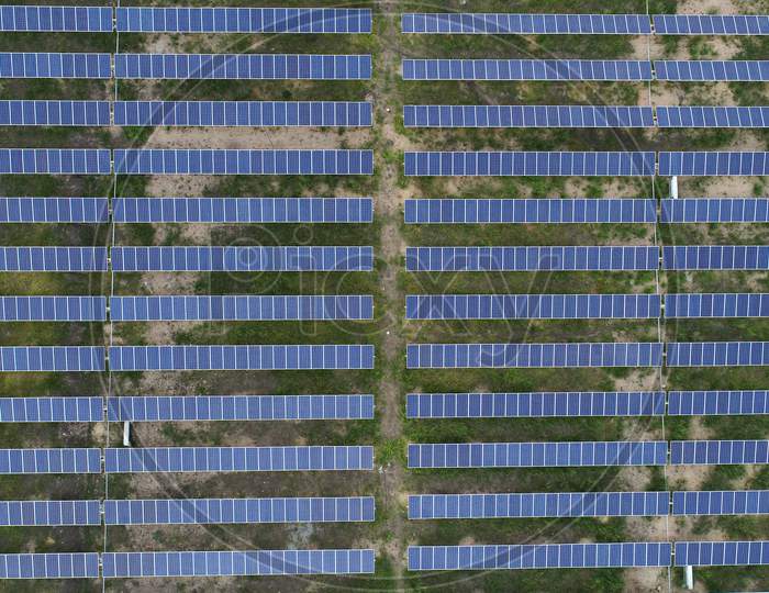 Aerial View Of Solar Farm Or Solar Power Plant Near Raichur, India
