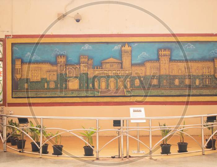 Bangalore India June 3, 2019 : Painting Of Bangalore Palace At Indian Railway Station Bengaluru