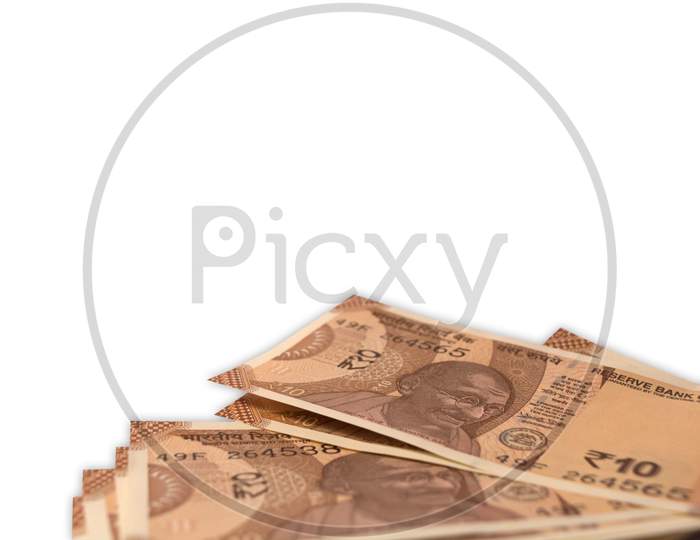 New Indian 10 Rupee Currency Notes On Isolated Background.