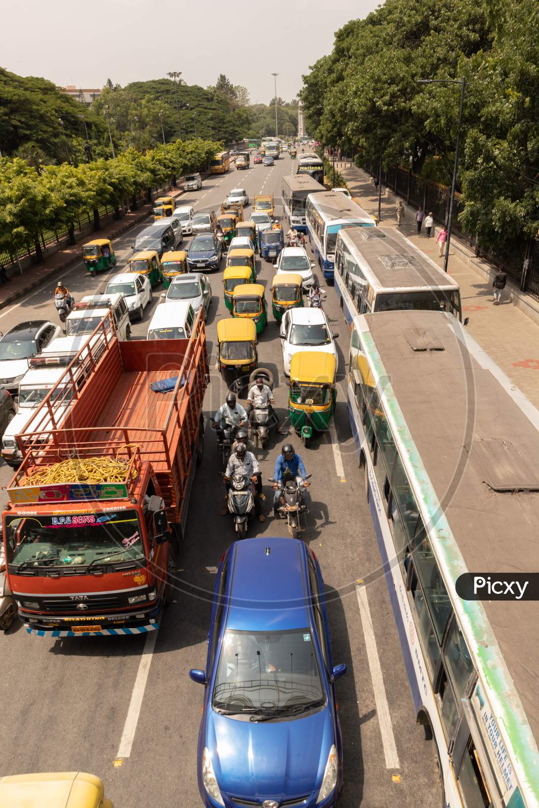 Bangalore, Karnataka India-June 04 2019 : Aerial View Of Five Lane Highway Road With Waiting Vehicles Near Bbmp Bengaluru Office, Karnataka.