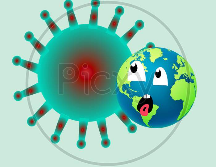 cartoon showing earth getting feared by the monster corona virus at the back .corona pandemic concept.stay home stay safe.