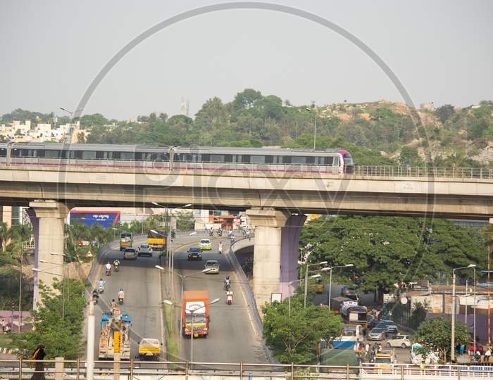 Bangalore India June 1, 2019 :Bengaluru Metro Train Moving On The Bridge New Mysore Road Bengaluru, India