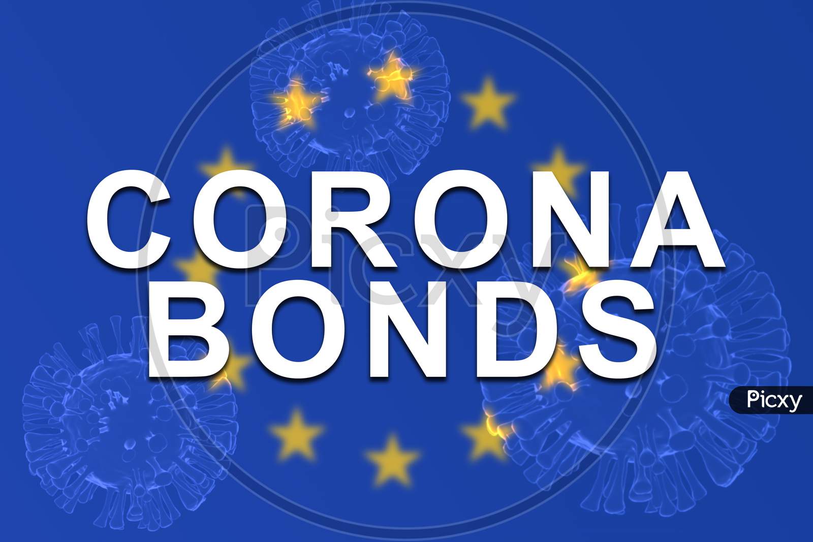 Corona Bonds On Eu Or European Union Flag With 3D Rendered Illustration Of Virus As Background.