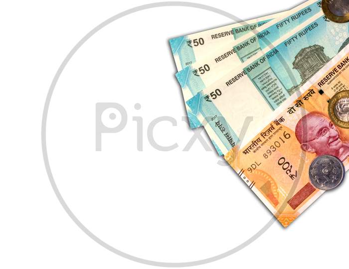 New Indian 50 And 10 Rupees With 10 Rupees Coin On White Isolated Background.