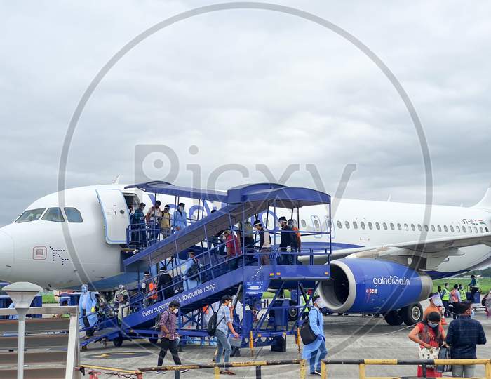 6Th June 2020- Bagdogra Airport,Siliguri, West Bengal, India-Passengers In Protective Gear Descend From Flight After Indigo Airlines Land At Bagdogra Airport