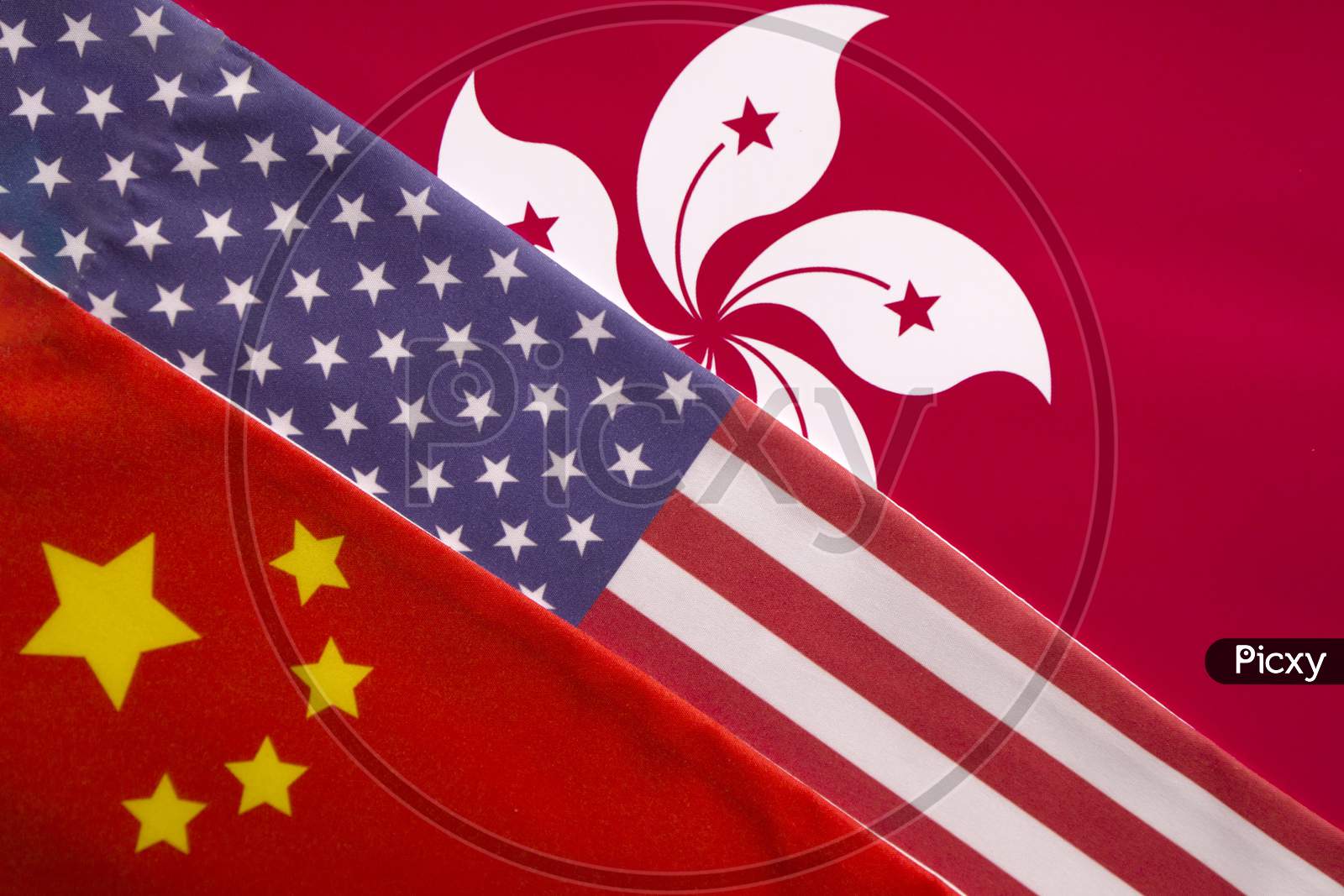 Concept Of Trilateral Relationship Between China, Honk Kong And Usa Showing With Flags
