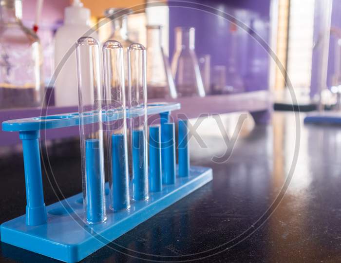 Well Arranged Lab Glassware Or Empty Glass Tubes At Empty Science Laboratory