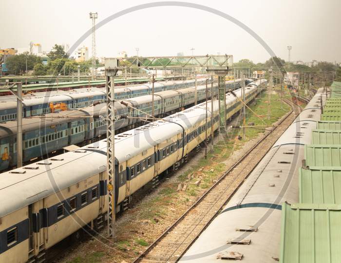Bangalore India June 3, 2019 : Aerial View Of Stack Of Trains Standing At Railway Track At Railway Station Bengaluru