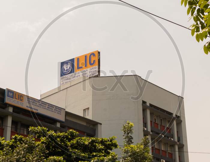 Bangalore, Karnataka India-June 04 2019 : Lic Or Life Insurance Corporation Of India Bill Board On Top Of The Building Near Townhall Bengalore, India.