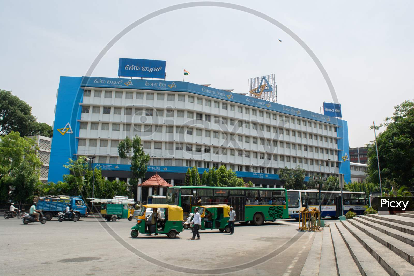 Bangalore, India, June 4, 2019 :Big Canara Bank Buillding Near Corporation Circle With Heavy Traffic.