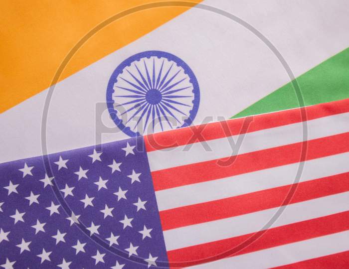Concept Of Bilateral Relationship Between Two Countries Showing With Two Flags: United States Of America And India.