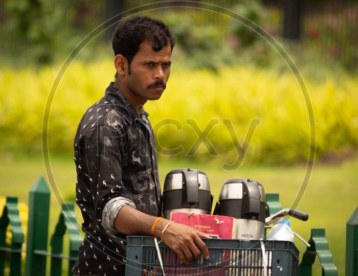 Bangalore, Karnataka India-June 04 2019 : Street Vendor Selling Tea On Cycle At Bengaluru
