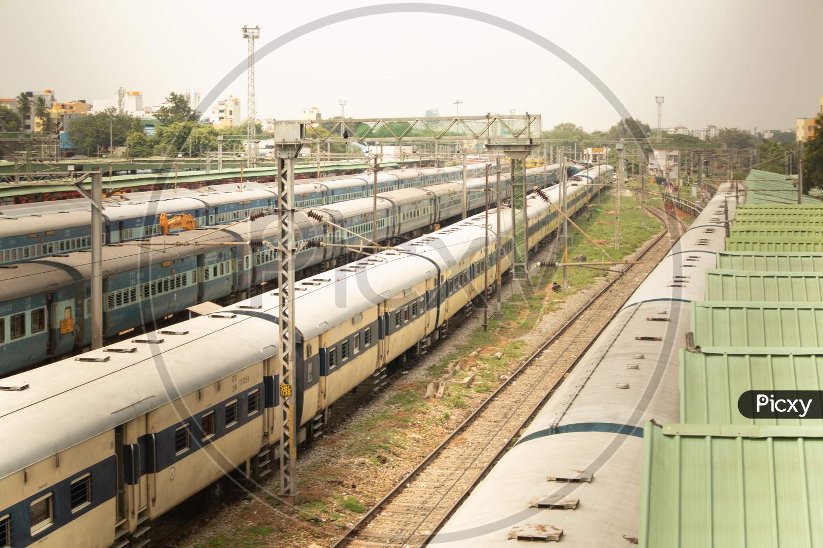 Bangalore India June 3, 2019 : Aerial View Of Stack Of Trains Standing At Railway Track At Railway Station Bengaluru