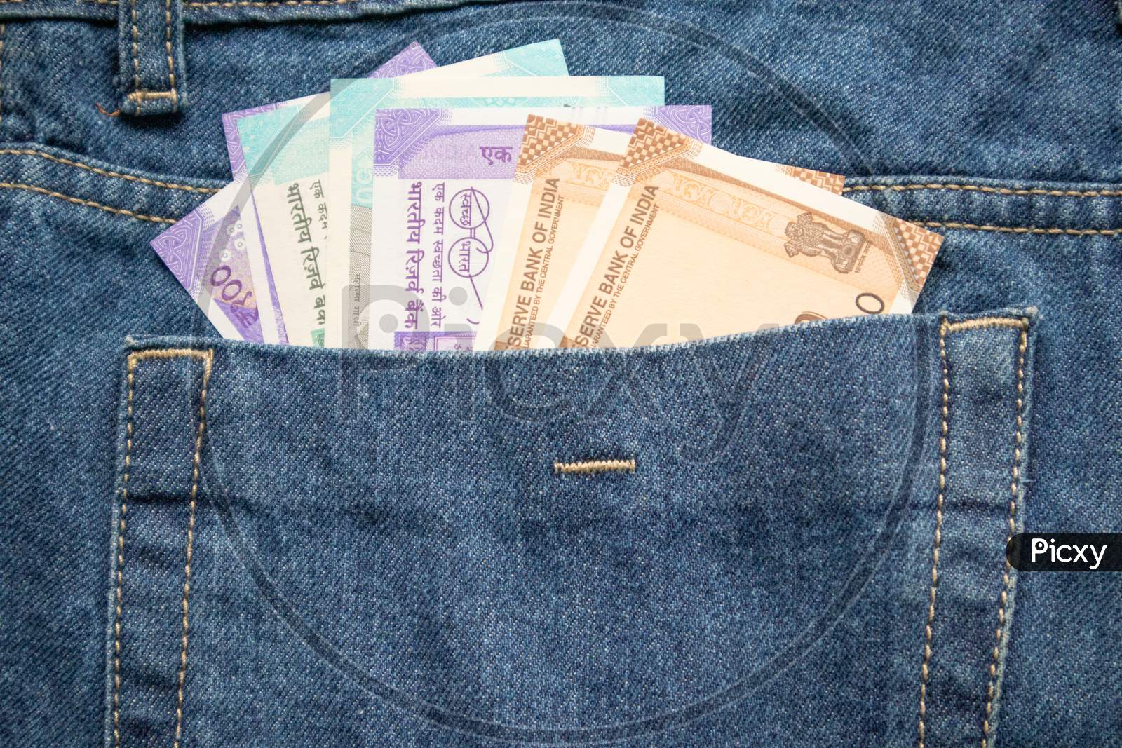 New Series Of All Indian Currencies,Money In Jeans Pocket.