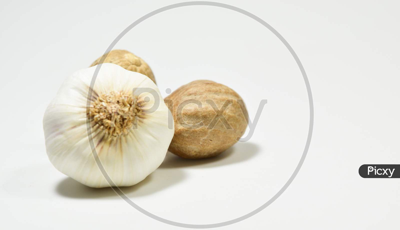 Nutmeg And Garlic Isolated On White Background