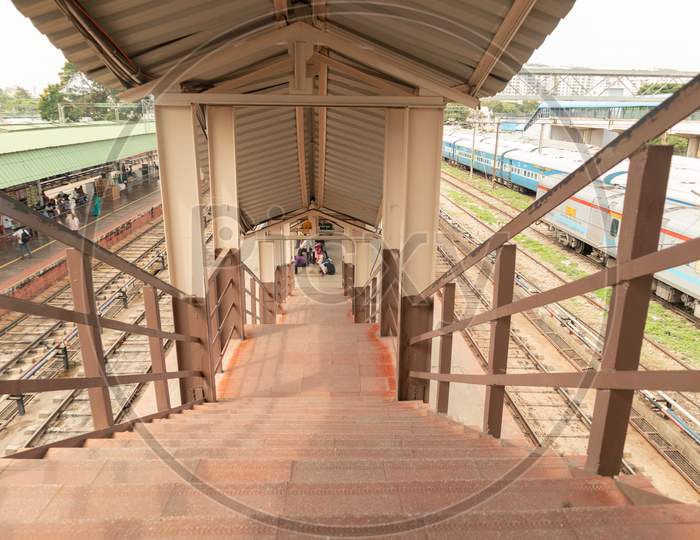 Bangalore India June 3, 2019 : Old Retro Staircase In Railway Station.