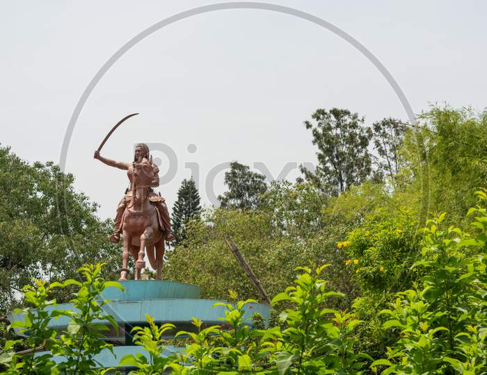 Bangalore, India, June 4, 2019 : Sculpture Of Queen Kittur Rani Chennamma On Horse With Sword At Bengaluru, Karnataka, India.