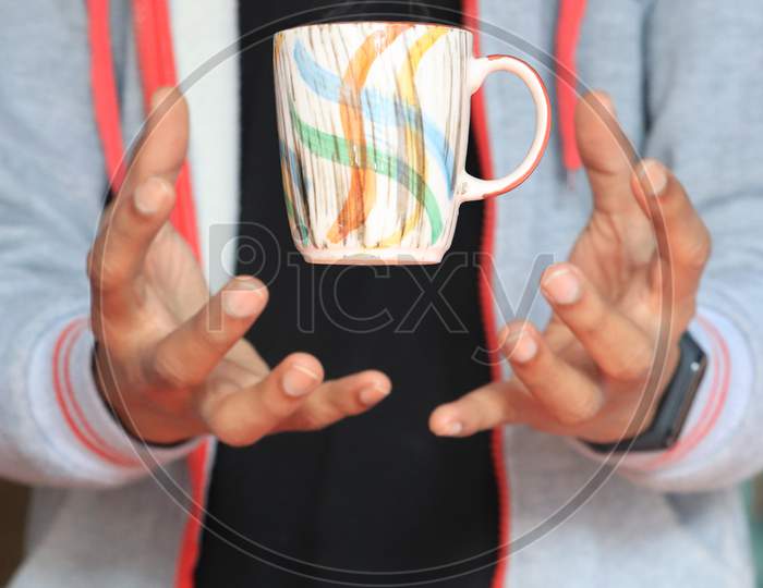 coffee cup levitation stock photo