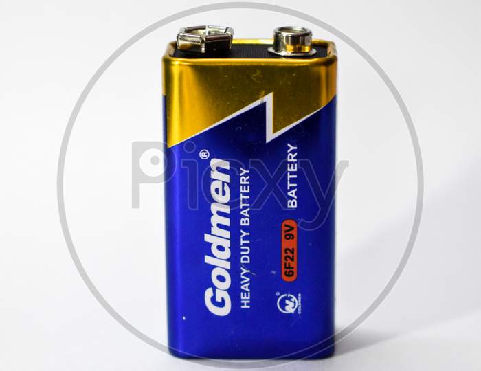 07/06/2020- Kerala,India: Close-Up Of A 9V Dry Cell Battery Of Goldmen Brand On White Background. Selective Focus Applied.