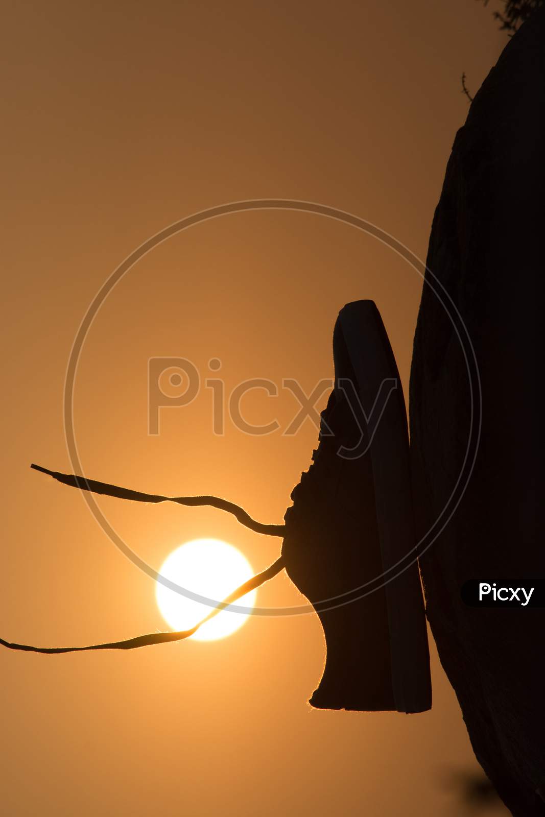 Brown Shoe With Levitating Shoelace On Sunset Background On Top Of The Mountain