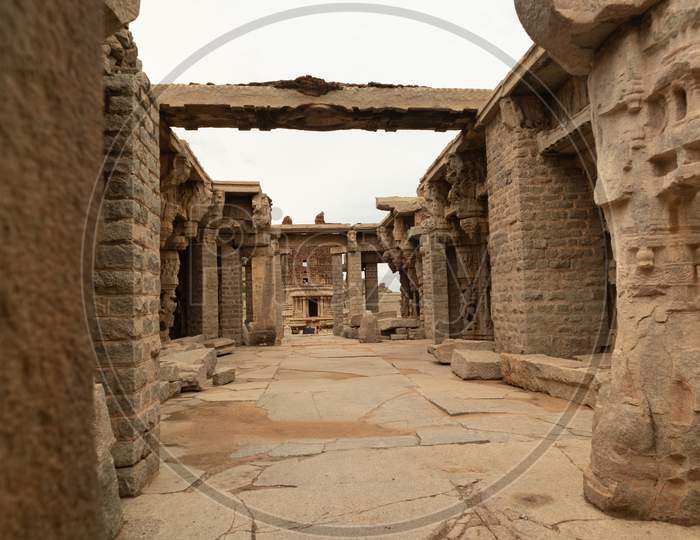 The Inner View Of Ruined Interiors And Ceilings Of Vittala Or Vitthala Temple In Hampi, Karnataka State, India.
