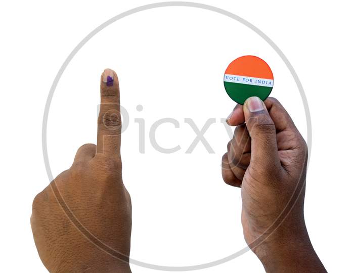 Concept Of Indian Election,Holding Sticker Of Vote For Better Indian On Isolated Background.