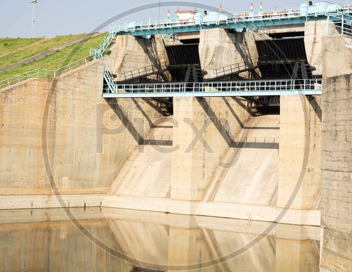 Empty Reservoir Or Dam Gates In North Karnataka,India