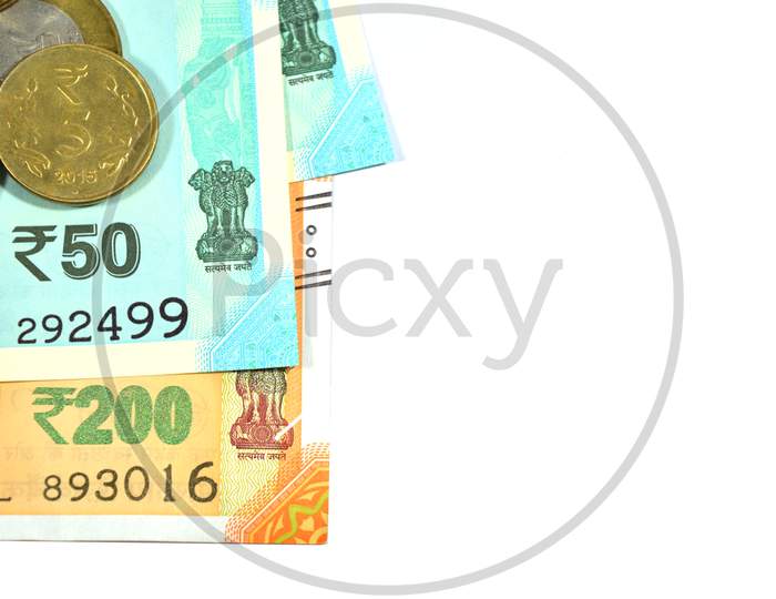 New Indian 50 And 200 Rupees With 10 And 5 Rupees Coins On White Isolated White Background