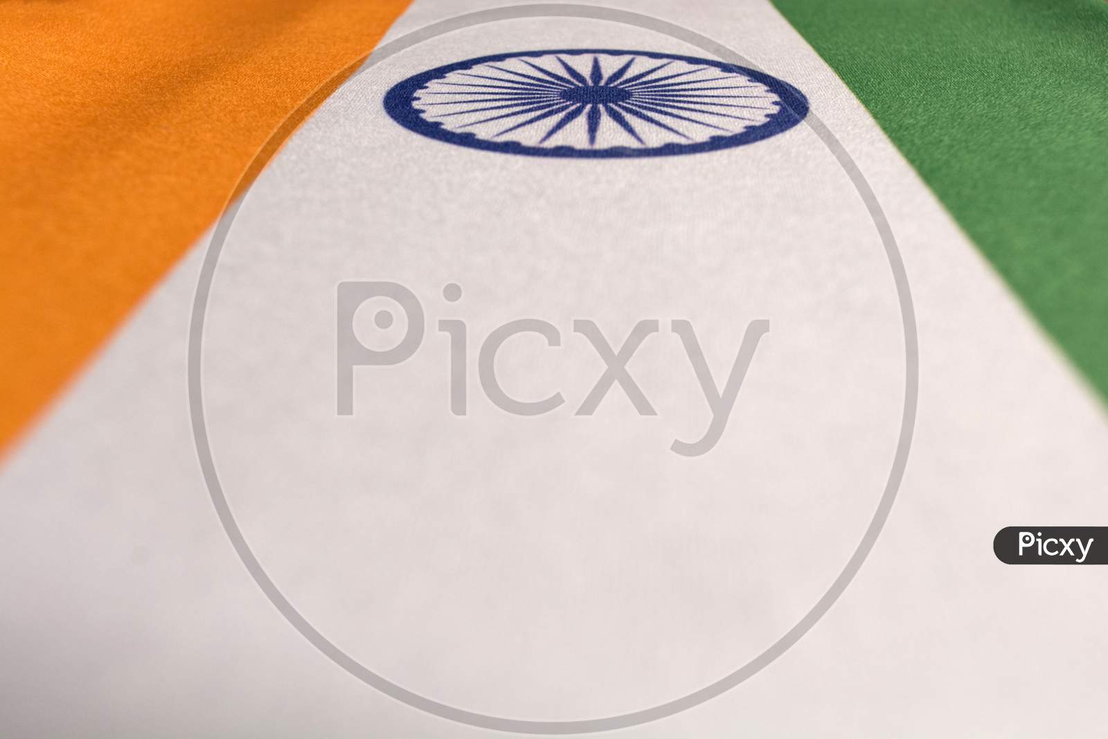 Closeup Of National Indian Flags Ashoka Chakra - Tricolor