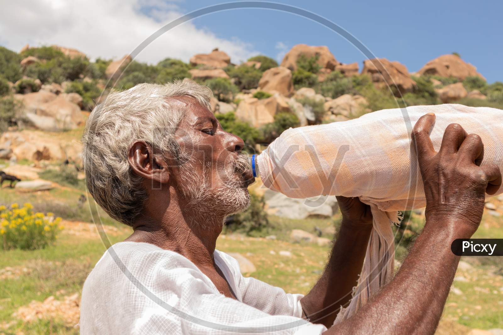 Close Up Of Thirsty Farmer Man Drinking Water From Plastic Bottle Covered With Cloth For Cooling During Hot Sunny Day.