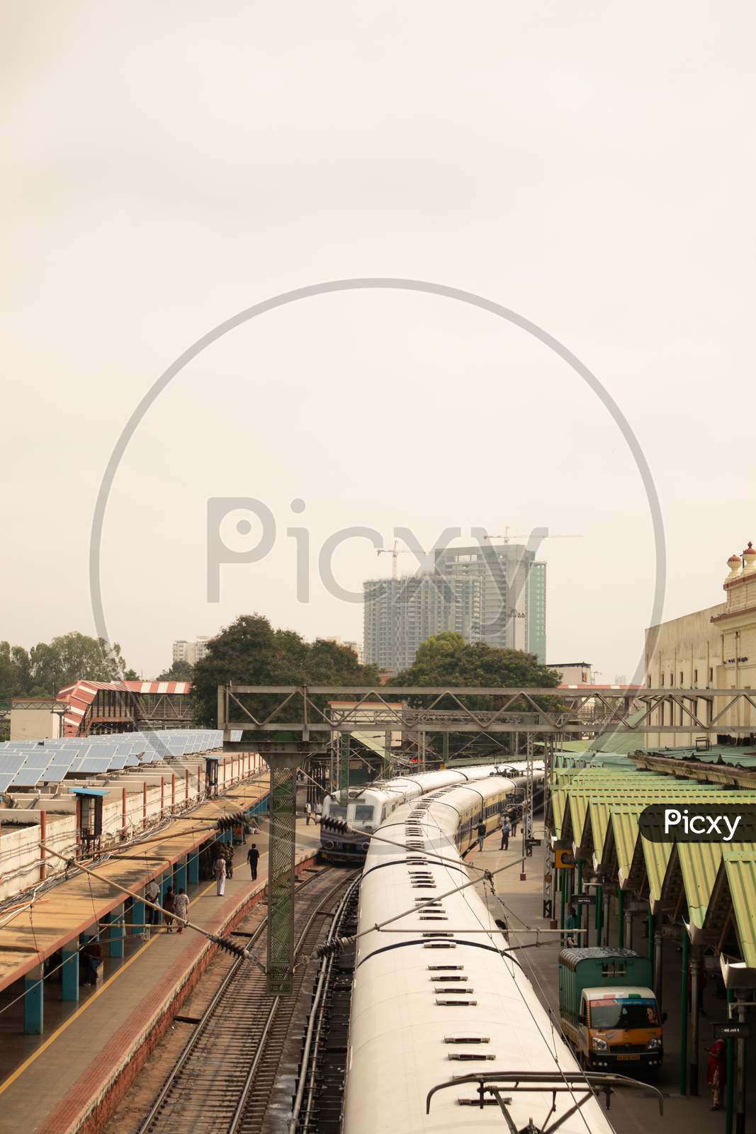 Bangalore India June 3, 2019 : Aerial View Of Passengers Getting Into The Train At Indian Railway Station Bangalore