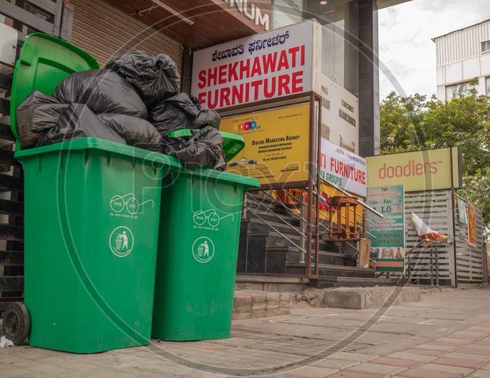 Bengaluru, India June 27, 2019 : Green Big Trash Box With Swachh Bharat Printed On Them, Green Litter Located On The Road Side Of The Bengalore.